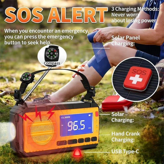 Portable Emergency Radio with Solar & Hand Crank Charging, 10000mAh