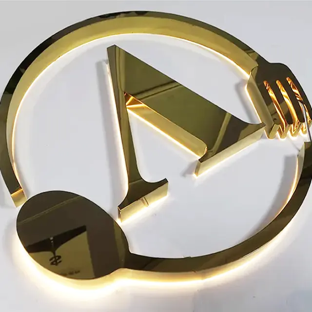 علامة تجارية خارجية ثلاثية الأبعاد حروف ليد مخصصة لافتات ذهبية ثلاثية الأبعاد بإضاءة خلفية للأعمال التجارية علامة الشعار
