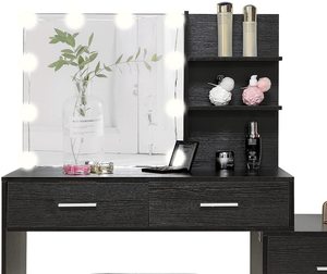 Coiffeuse en noyer noir avec miroir éclairé, panneau fin, miroir blanc, coiffeuse moderne - Product Image 4