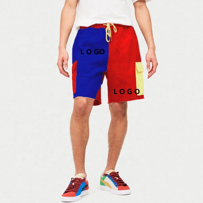 Трендовые дышащие свободные повседневные Прямые спортивные брюки контрастных цветов из полиэстера с эластичным поясом и карманами, мужские дизайнерские шорты