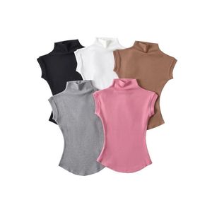T-shirts et hauts d'été sexy à col roulé sans manches pour femmes, coupe ajustée unie, pulls décontractés, basiques streetwear féminins - Product Image 1