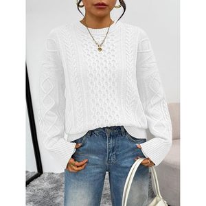 เสื้อสเวตเตอร์ไหมพรมถักลายใหญ่ทรงโอเวอร์ไซส์ คอกลม แขนยาว สีขาว สำหรับผู้หญิง สไตล์ลำลอง ใส่ได้ในฤดูใบไม้ร่วง ไม่เป็นขุย - Product Image 3