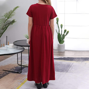 Abiti lunghi a maniche corte estivi abiti da bambina rossi tinta unita per bambina - Product Image 4