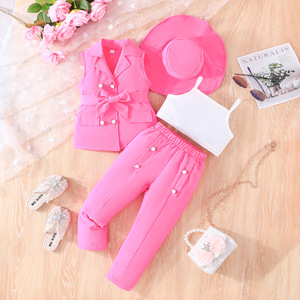 Abbigliamento per bambini Set di abbigliamento Casual per ragazze senza maniche gilet Tag giacca pantaloni con un cappello alla moda festa di compleanno - Product Image 3