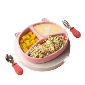 Cat Shaped Silicone Baby Suction Plate Divided Toddler Feeding Plate With Straw Spoon Fork - Product Image 2