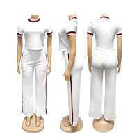 Ensemble 2 pièces sexy pour femme, haut à manches courtes et pantalon long, survêtement côtelé à rayures contrastées, grandes tailles – Grande Vente