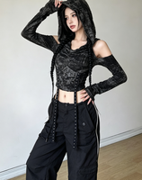 Haut court à capuche Y2K slim pour femme, style gothique, effet brûlé, épaules dénudées, manches longues, avec sangle métallique et rivets, style punk, vente en gros sur mesure