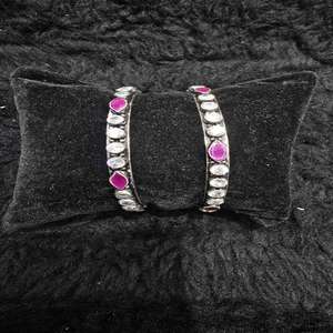 Silver Oxidized <b>Bangles</b> with <b>Jade</b> Stones 2.5 GM Set of 2 Traditional Handcrafted Floral Kada Bracelets - Product Image 2