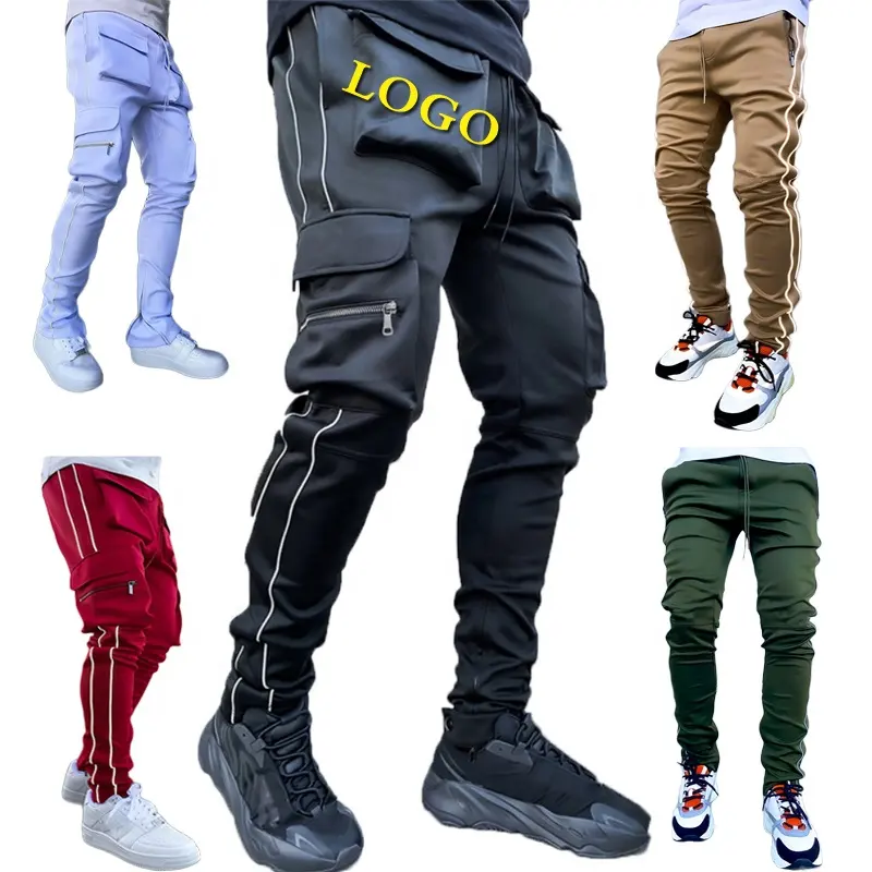 Pantalon de Jogging à rayures réfléchissantes pour hommes, Streetwear, plusieurs poches, LOGO, survêtement