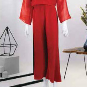 Offre Spéciale – Ensemble Deux Pièces Rouge pour Femme : Combinaison Sans Manches à Jambes Larges et Haut Court à Manches Longues en Maille Transparente - Product Image 5