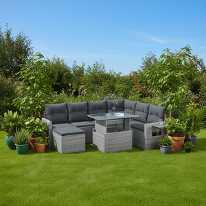 <b>Grey</b> Pe Rattan Garden Sofa Set Steel <b>Frame</b> Tempered Glass 6 Seater Outdoor Furniture Contemporary Design - Product Image 2