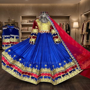 Vestido Tradicional Afgano Kuchi de Seda Azul con Bordado Dorado y Dupatta Roja para Mujer, para Bodas - Product Image 1