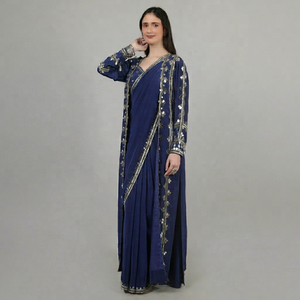 Ensemble de créateur pour femme, style royal, sari avec shrug, couleur bleue, orné de perles et de sequins, pour toutes les occasions - Product Image 1