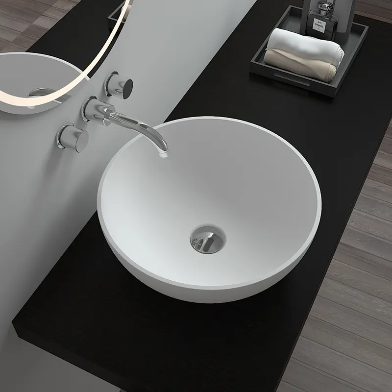 ST-8301T Fabbrica Della Porcellana direttamente Bianco bagno contatore top lavello rotondo Bianco a forma di solido di pietra lavabo