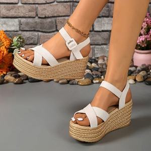 Women's Summer Elegant Solid Color Waterproof Platform Wedge <strong>Sandals</strong> Woven Rope Suede Thick Sole Heel Strap Buckle Hollowed-out - Product Image 1