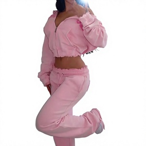 Women <b>Pink</b> Hooded Zipper <b>Tracksuit</b> Full Length Side Pockets Casual Solid Color Cotton Material Loose Fit Spring Wear - Product Image 2