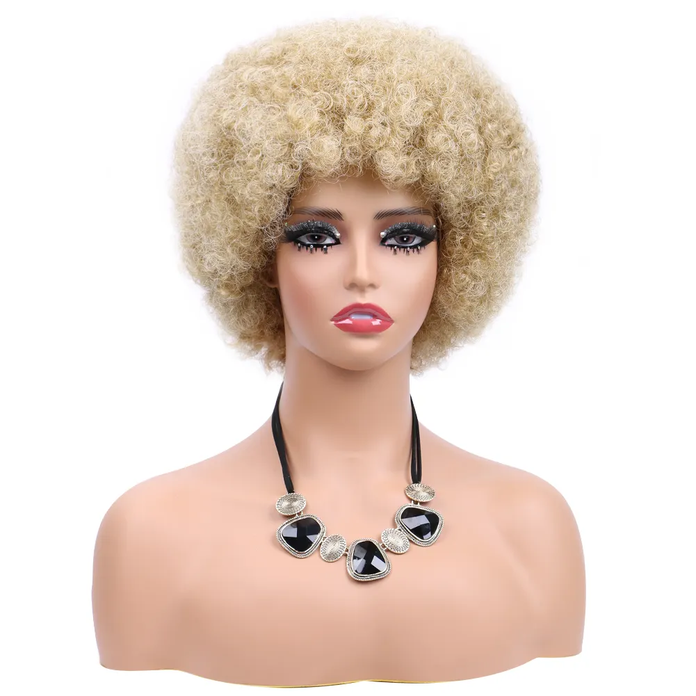 Wig keriting Afro pendek keluaran baru Wig Puff Afro Besar Wig Afro lunak sintetis untuk wanita warna hitam Wig rambut keriting keriting dengan poni