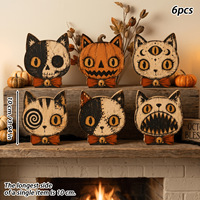 Adornos de madera vintage de Halloween pintados a mano: fantasma, murciélago, búho, gato negro, calabaza. Decoración de mesa estilo rústico americano, recuerdo de fiesta.