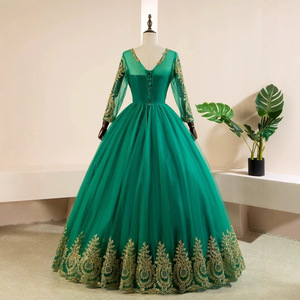 Green Ball Gown Empire Waist O-Neck Long Sleeve Tulle Evening Dress Formal Wear - Product Image 3