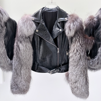 Veste Courte Noire en Fourrure Atelier, Manches en Fourrure de Renard Argenté Gaufré Croco, Vestes pour Femmes pour l'Équitation