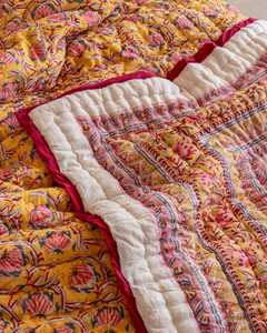 Indian Hand Block Print Amber Yellow Cotton Quilt Floral Bedspread Queen Size <b>Comforter</b> Summer Blanket - Product Image 2