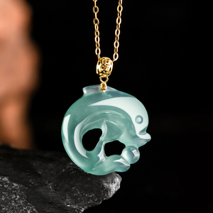 Authentic Natural A-grade Jade Blue Water Dolphin Gemstone Pendant with 18K Gold Ice-Texture Setting - Product Image 5