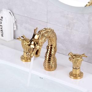 Luxe 3 Stuk Dragon Vorm Retro Split Gold Drie Gaten 2 Handvat Messing Badkamer Hot Cold Mengkranen Basin Sink kraan - Product Image 3