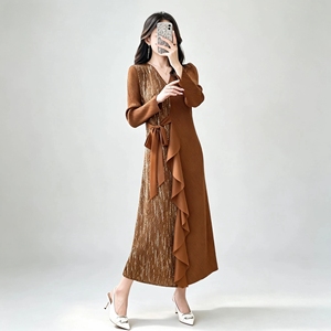 Ropa de Moda para Mujer, <span class=keywords><strong>Vestido</strong></span> Largo Informal con Estampado de Lámina Dorada, Volantes en <span class=keywords><strong>Cascada</strong></span>, <span class=keywords><strong>Vestido</strong></span> Plisado Asimétrico Estilo Miyake - Product Image 5