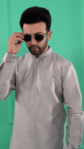 <b>Men</b> Silver-Grey Solid Dupion Silk Straight <b>Kurta</b> with Pajamas Traditional Ethnic Wear for Festive Occasions and Celebrations - Product Image 6