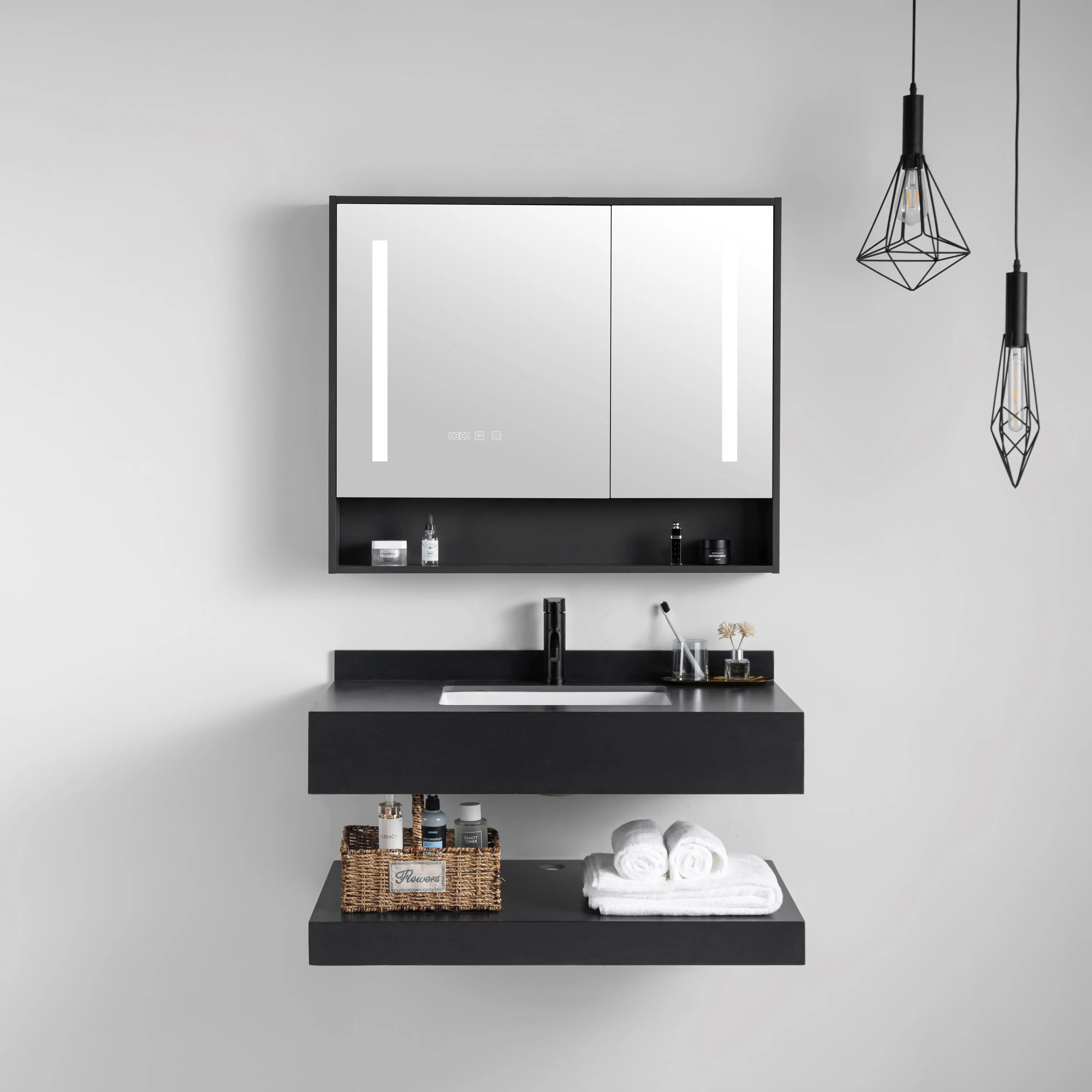 Hot Selling Bathroom Cabinet With Rock Slate Top Basin Wall Mounted Vanity With LED Mirror