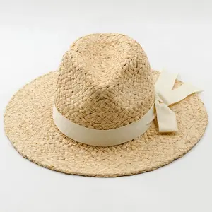 ファッション女性夏のトレンディなラフィアストローワイドブレードFedora帽子手作りサンシェードハット