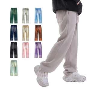 Pantalon long décontracté pour homme de haute qualité, taille mi-haute, en tissu peigné épais, coupe évasée à jambe large, avec plis sur le devant et fermeture à cordon de serrage - Product Image 1