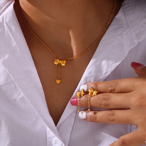 Kết cấu Bow tim tua Vòng cổ thiết lập tối giản thép không gỉ Chic trang sức cho lớp - Product Image 5