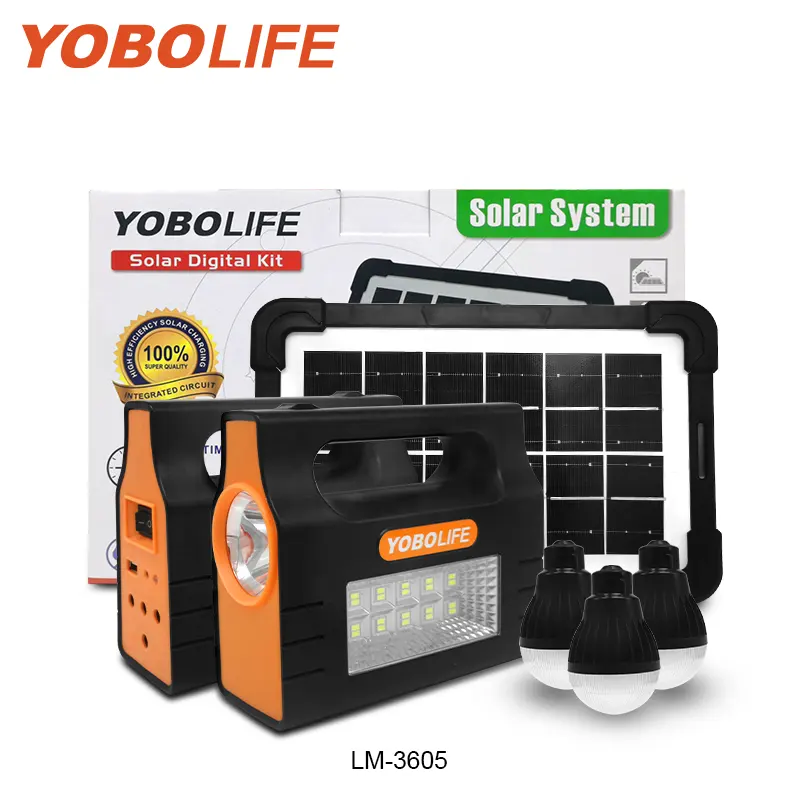 مجموعة YOBOLIFE الأكثر شعبية لنظام الطاقة الشمسية المحمول في أفريقيا نظام إضاءة LED شمسي لإنارة التخييم والمنزل