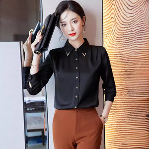 Women's Blue Satin Long Sleeve Shirt Solid Color Office Wear Slim Fit Elegant Professional Blouse - Product Image 3