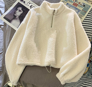 Pull court en maille pour <span class=keywords><strong>femme</strong></span>, style coréen décontracté, en polaire sherpa, avec demi-fermeture éclair et <span class=keywords><strong>capuche</strong></span>, <span class=keywords><strong>chaud</strong></span>, pour l'automne et l'hiver - Product Image 4