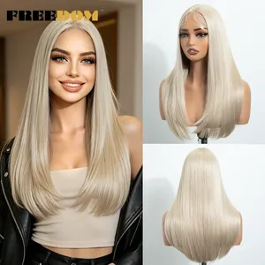 Perruques synthétiques à dentelle frontale FREEDOM, lisses et superposées, pour femmes, 22 pouces, longueur moyenne, transparentes, pour usage quotidien, brun, blond, roux - Product Image 3