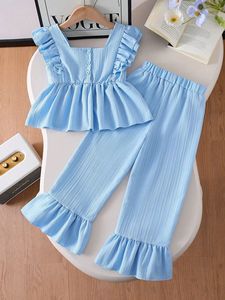 Großhandel Kleinkind Mädchen Kleidungsset Gerüschtes Ärmelloses Blumenhemd + Schlaghose 2-teiliges Outfit Kleidungsset - Product Image 2