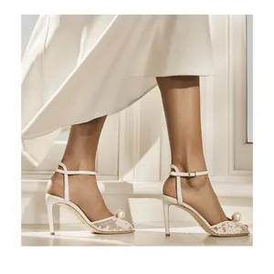 2024 vendita calda famosa J marca peep toe scarpe di pizzo tacchi alti di alta qualità per festa di nozze da donna scarpe da sposa