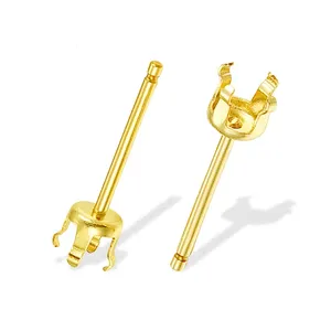 Real 14K Gold Filled 3/4/5/6mm 4 Prong Zircon Setting Earring Holder Post Blank Claw Stud Earring Base For Diamond Gems Jewelry