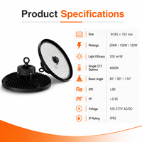 Lámpara LED High Bay UFO para Almacenes, 4000K, 120W, 150W, 200W, IP65, IK08, 7 Años de Garantía, Liteon 5050 LED, 200 lm por W, Lente de PC