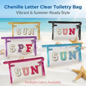Bolsa de Maquillaje Transparente Impermeable de PVC con Cierre y Letras Bordadas, Portátil para Viajes y Uso al Aire Libre - Product Image 1
