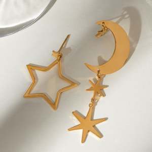 18-каратное золото из нержавеющей стали пятиконечная звезда полированная Луна гексаграмма обруч серьги небесная тема ювелирные изделия - Product Image 1