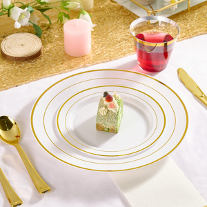 150 pièces Assiettes en plastique dorées, Vaisselle jetable pour fêtes avec couverts en plastique, Assiettes de présentation dorées en plastique - Product Image 4