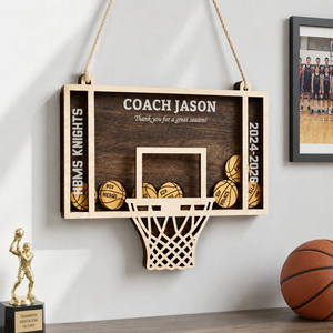 Cadeau personnalisé pour entraîneur de basket-ball, artisanat en bois gravé au laser, nom de l'équipe, numéro du joueur, design de panier de basket, <span class=keywords><strong>plaque</strong></span> en bois - Product Image 1