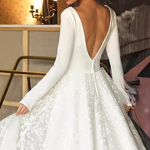 Wedding Dress Long Sleeve Deep V-neck Backless Ball Gown White Plus Size European Style J061 - Product Image 3