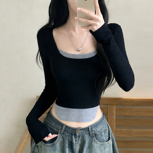 Vente flash : Pull décontracté pour femme à col en U, coupe ajustée, couleur unie, tricot extensible, manches longues, effet deux pièces - Product Image 5