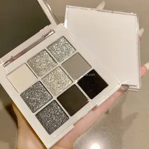 Paleta de sombras vegan em 9 cores, sombra de cor cinza e prateada, de marca própria, alta pigmentação e brilho fosco e cinza