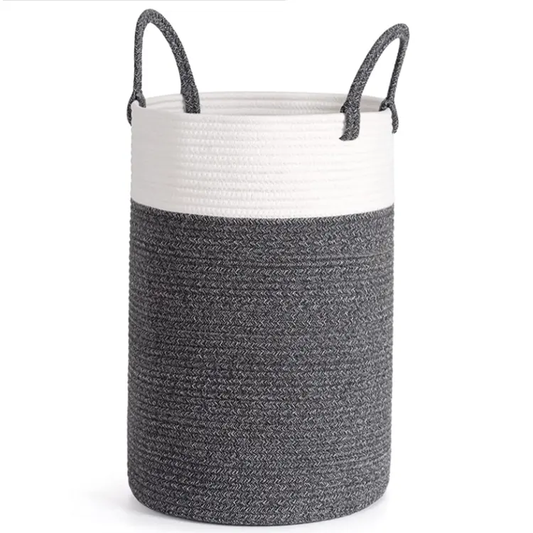 Wholesale Handmade Large Cotton Rope Woven Storage Basket foldable Laundry Hamper with handle