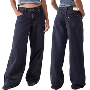 Jeans <span class=keywords><strong>Boyfriend</strong></span> Personnalisés En Gros pour <span class=keywords><strong>Femme</strong></span>, 100% Coton, Jeans Noirs à Jambe Large, Taille Basse, Délavés, de Haute Qualité, Jeans Baggy pour <span class=keywords><strong>Femme</strong></span> - Product Image 2